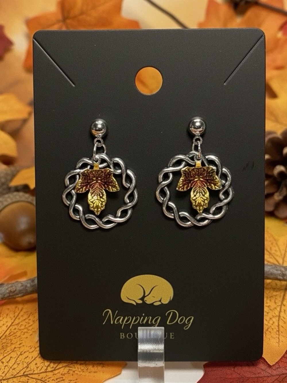 Autumn Leaf Wreath Dangle Earrings – Silver-Tone Fall Earrings